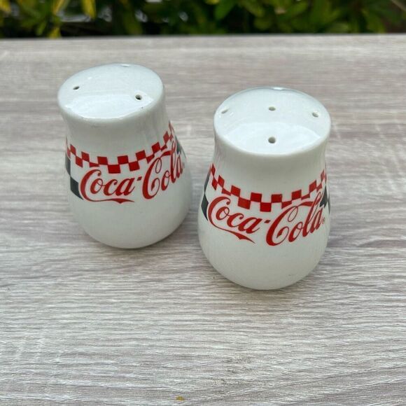 Vintage Coca Cola Salt & Pepper Shakers Set OS White Checkered Retro Ceramic - Picture 5 of 8